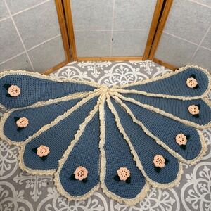 Handmade Crochet‎ Peacock Tail Feather Wall Hanging Decor Blue Cream Floral
